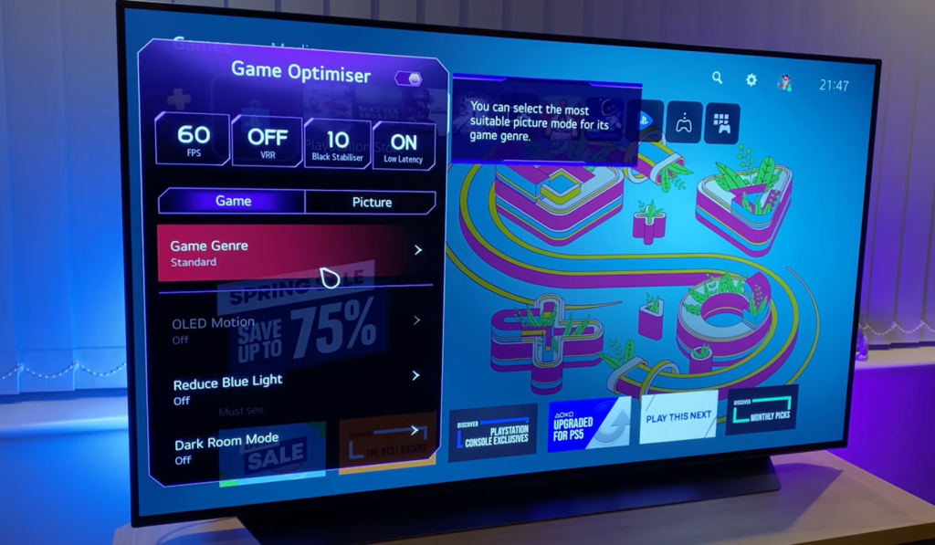 game optimizer -  lg c2 OLED screen and neon light near tv