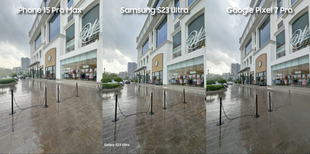 three photos of the street and building in rainy weather